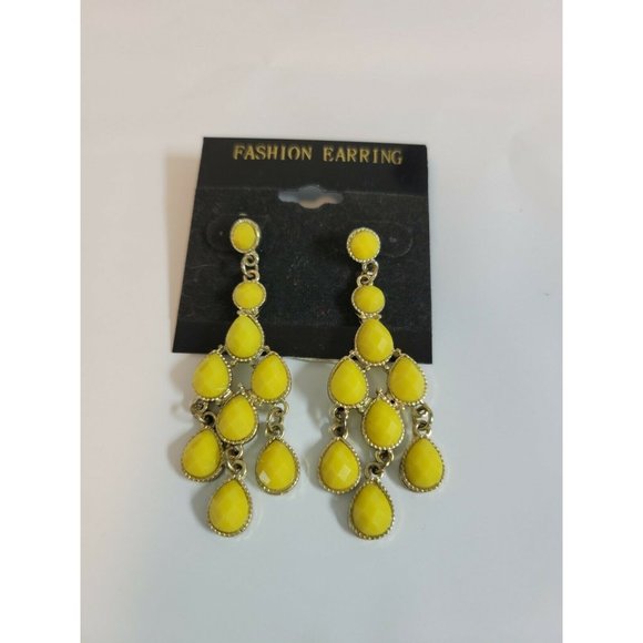 Faux Gold Plated Chandelier Statement Earrings Yellow Stones - Picture 3 of 3